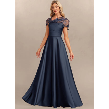 Elegant A-Line Sweetheart Floral Short Sleeve Navy Blue Floor-Length Mother of the Bride Gown