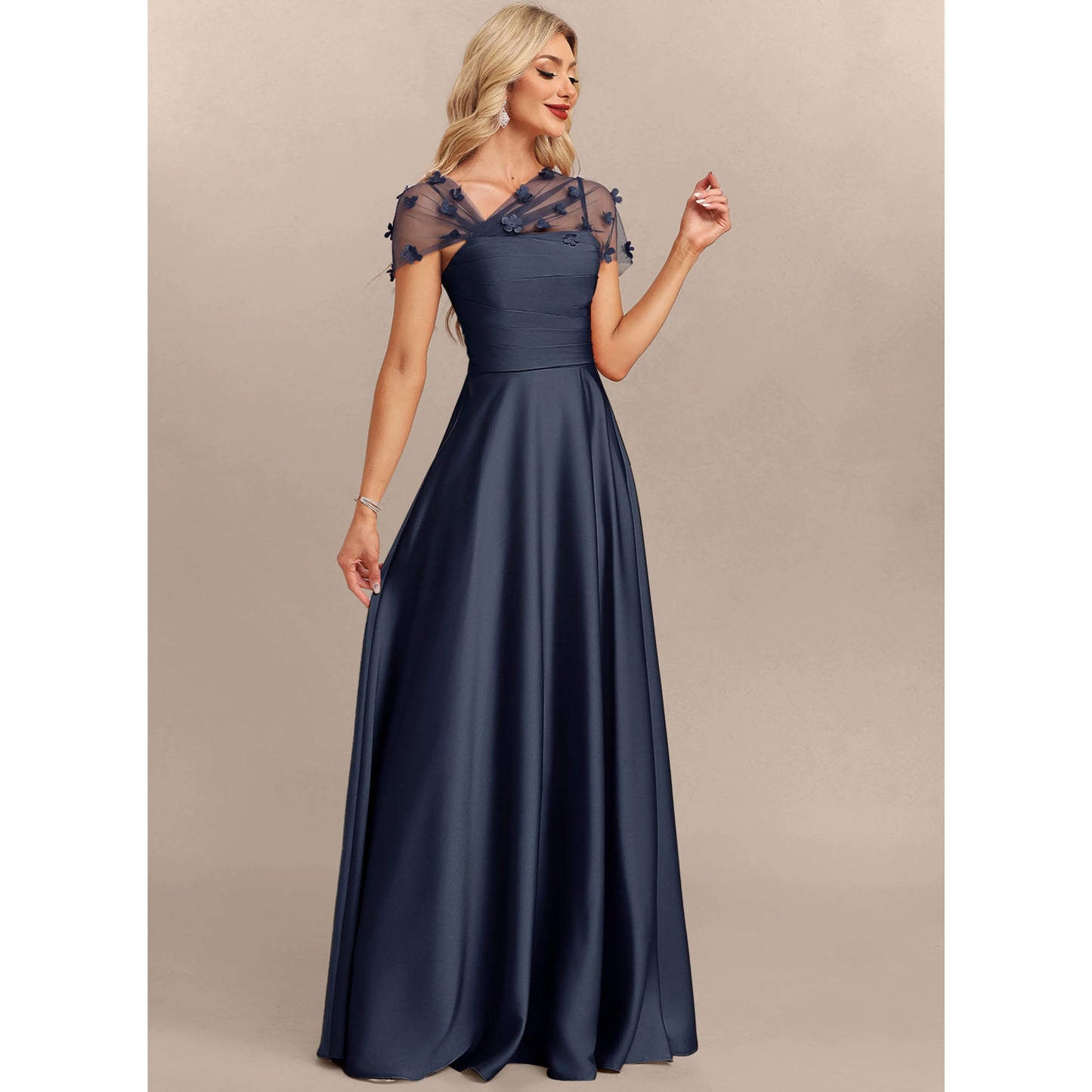 Elegant A-Line Sweetheart Floral Short Sleeve Navy Blue Floor-Length Mother of the Bride Gown