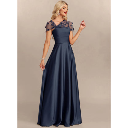 Elegant A-Line Sweetheart Floral Short Sleeve Navy Blue Floor-Length Mother of the Bride Gown