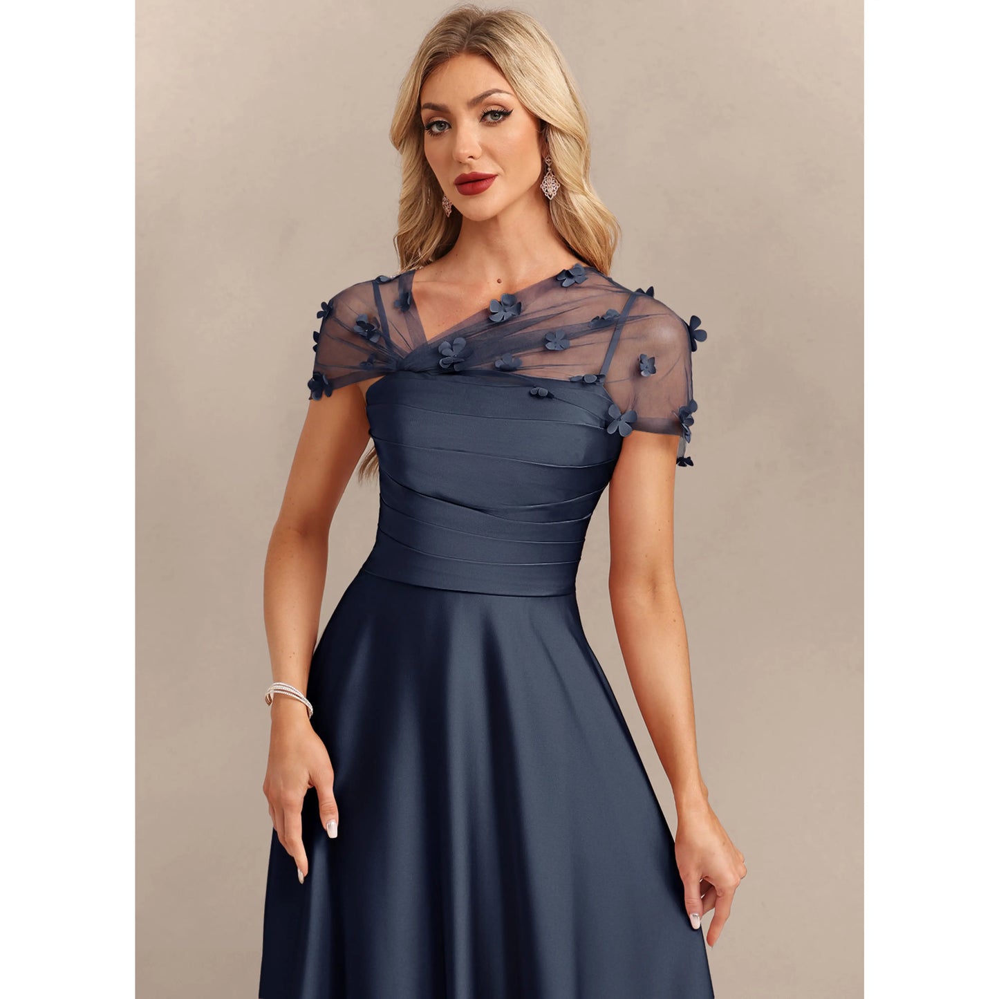 Elegant A-Line Sweetheart Floral Short Sleeve Navy Blue Floor-Length Mother of the Bride Gown