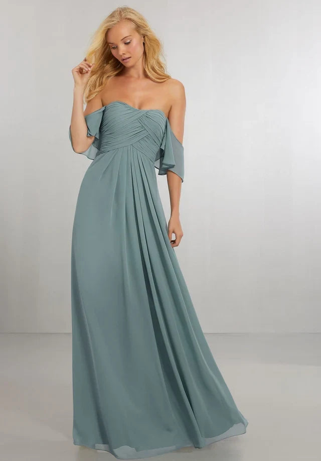 Elegant A-Line Sweetheart Flutter-Sleeve Pleated Ruched Blue Long Bridesmaid Dress Women