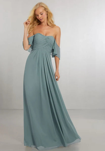 Elegant A-Line Sweetheart Flutter-Sleeve Pleated Ruched Blue Long Bridesmaid Dress Women