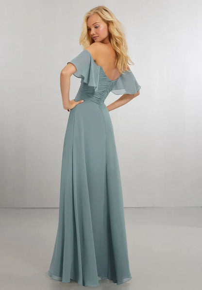 Elegant A-Line Sweetheart Flutter-Sleeve Pleated Ruched Blue Long Bridesmaid Dress Women
