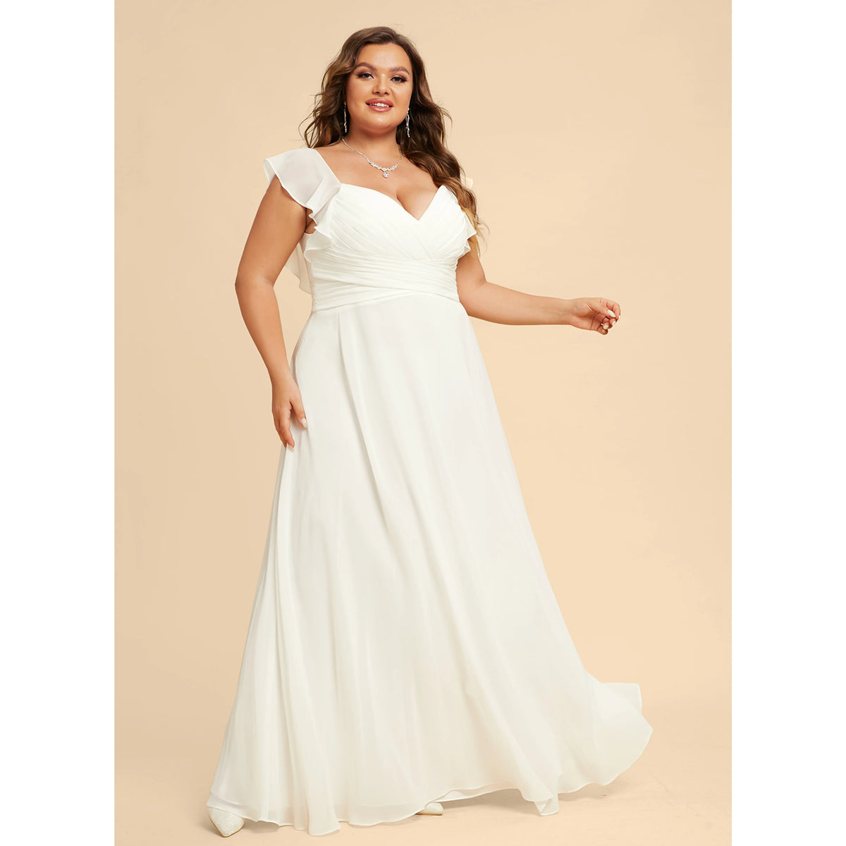 Elegant A-Line Sweetheart Flutter Sleeves Pleated-Flowy White Floor-Length Wedding Dress Plus Size
