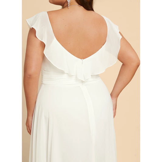 Elegant A-Line Sweetheart Flutter Sleeves Pleated-Flowy White Floor-Length Wedding Dress Plus Size