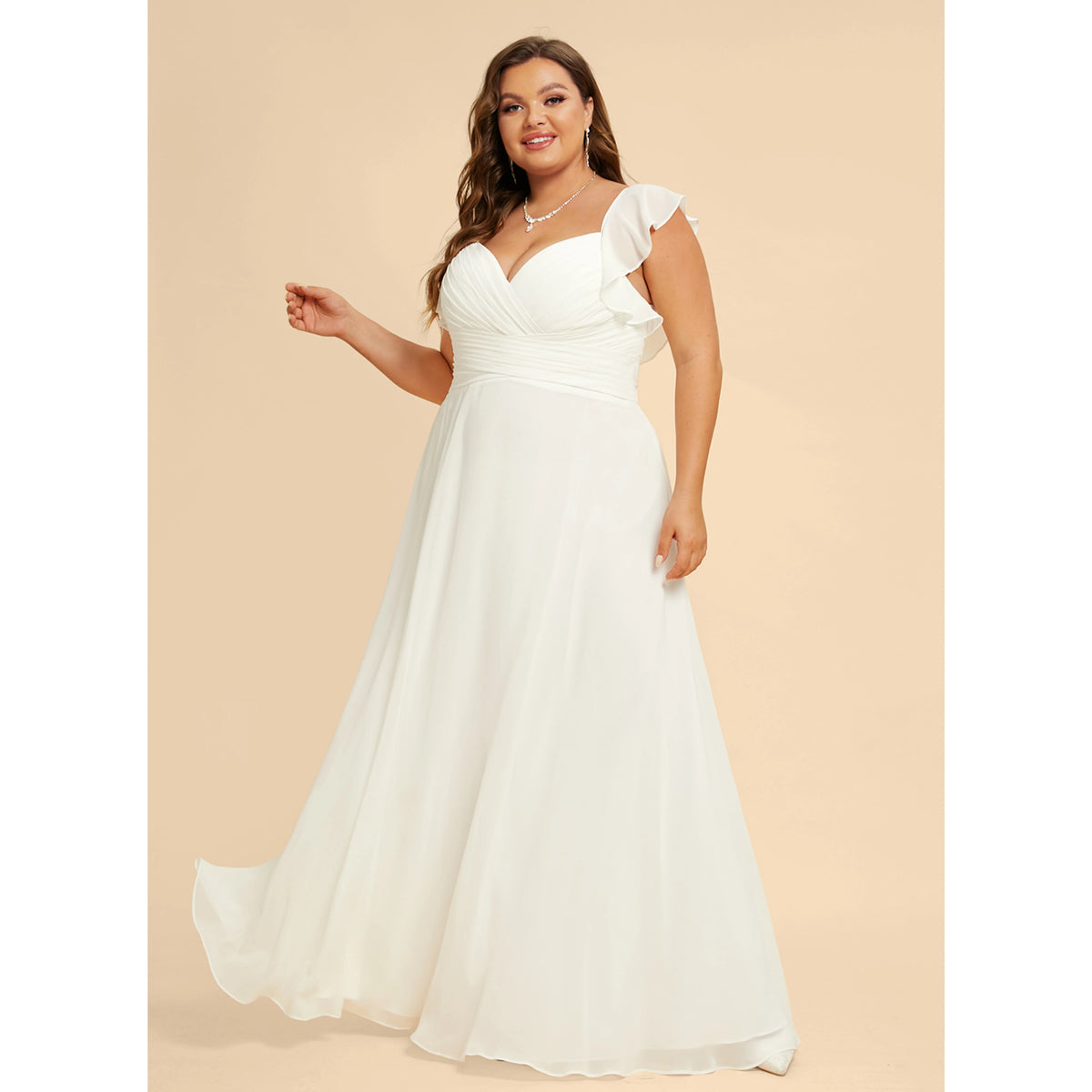 Elegant A-Line Sweetheart Flutter Sleeves Pleated-Flowy White Floor-Length Wedding Dress Plus Size