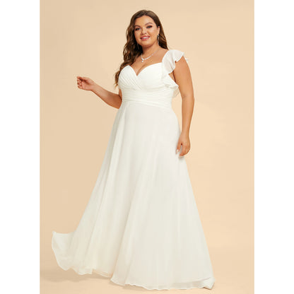 Elegant A-Line Sweetheart Flutter Sleeves Pleated-Flowy White Floor-Length Wedding Dress Plus Size