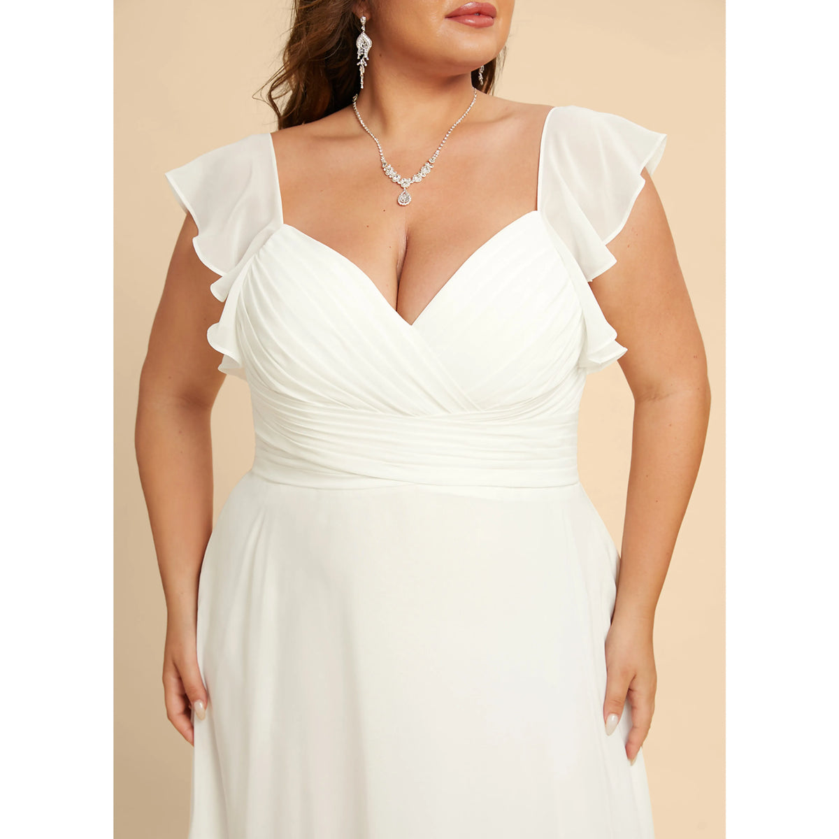 Elegant A-Line Sweetheart Flutter Sleeves Pleated-Flowy White Floor-Length Wedding Dress Plus Size