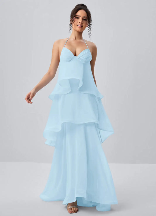 Elegant A-Line Sweetheart Halter Sleeveless Ruffled Light Blue Floor-Length Prom Dress
