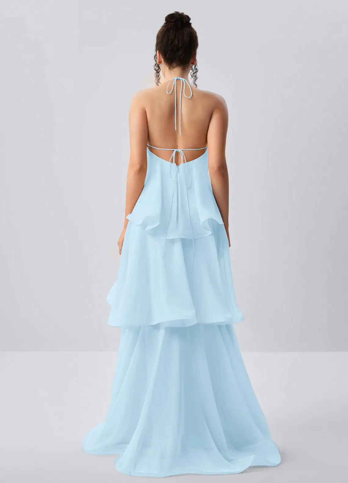 Elegant A-Line Sweetheart Halter Sleeveless Ruffled Light Blue Floor-Length Prom Dress