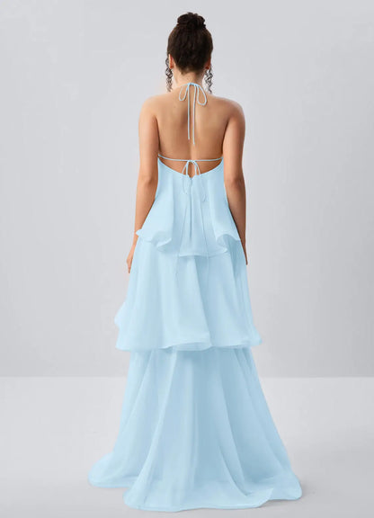 Elegant A-Line Sweetheart Halter Sleeveless Ruffled Light Blue Floor-Length Prom Dress