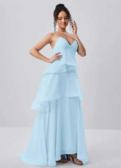 Elegant A-Line Sweetheart Halter Sleeveless Ruffled Light Blue Floor-Length Prom Dress