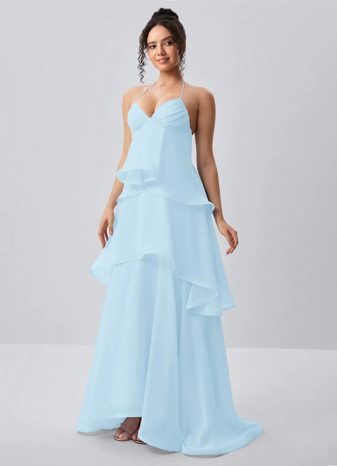 Elegant A-Line Sweetheart Halter Sleeveless Ruffled Light Blue Floor-Length Prom Dress