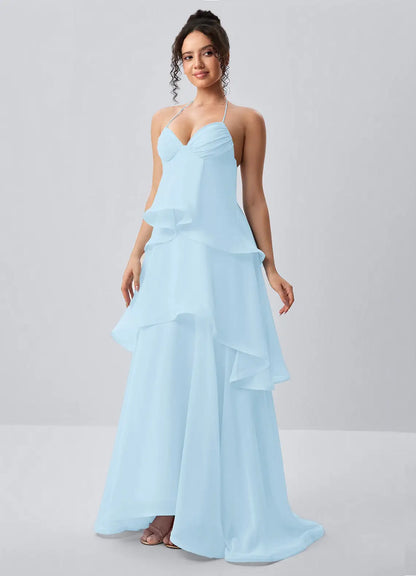 Elegant A-Line Sweetheart Halter Sleeveless Ruffled Light Blue Floor-Length Prom Dress
