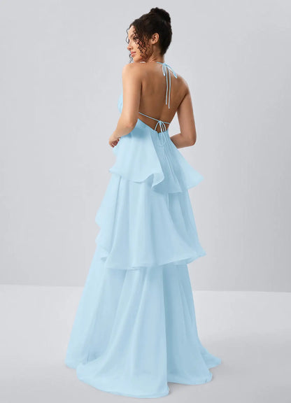 Elegant A-Line Sweetheart Halter Sleeveless Ruffled Light Blue Floor-Length Prom Dress