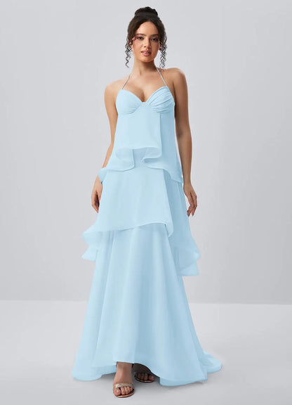 Elegant A-Line Sweetheart Halter Sleeveless Ruffled Light Blue Floor-Length Prom Dress