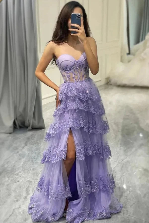 Elegant A-Line Sweetheart Layered Appliqued Lilac Floor-Length Prom Dress