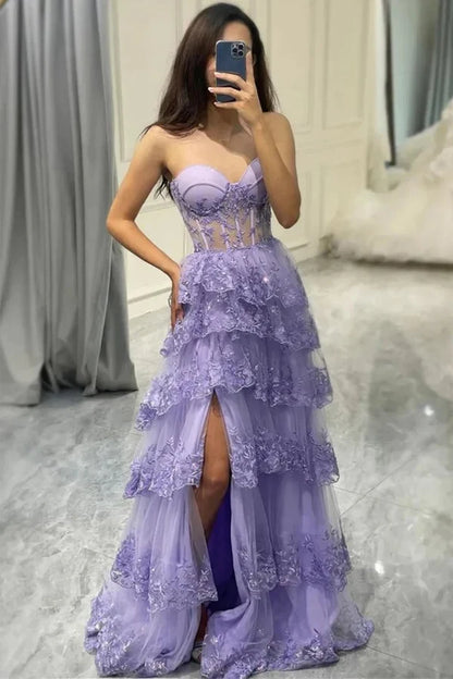 Elegant A-Line Sweetheart Layered Appliqued Lilac Floor-Length Prom Dress