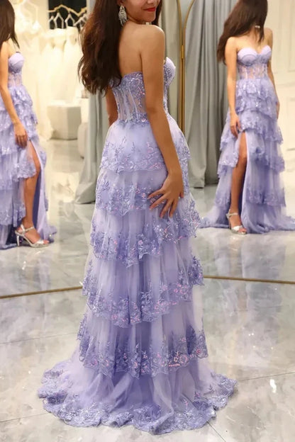 Elegant A-Line Sweetheart Layered Appliqued Lilac Floor-Length Prom Dress