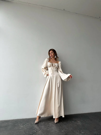 Elegant A-Line Sweetheart Long Sleeve Cream Floor-Length Prom Gown