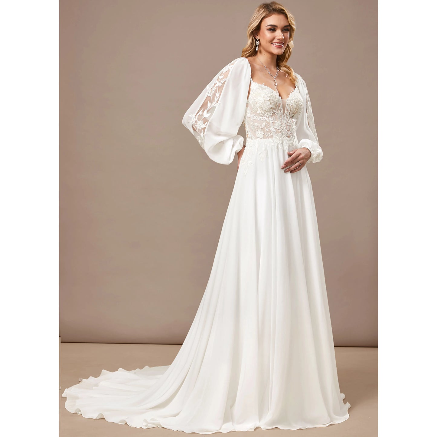 Elegant A-Line Sweetheart Long Sleeve Lace White Floor-Length Wedding Gown