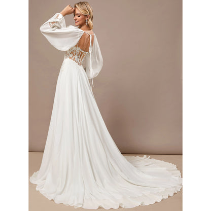 Elegant A-Line Sweetheart Long Sleeve Lace White Floor-Length Wedding Gown