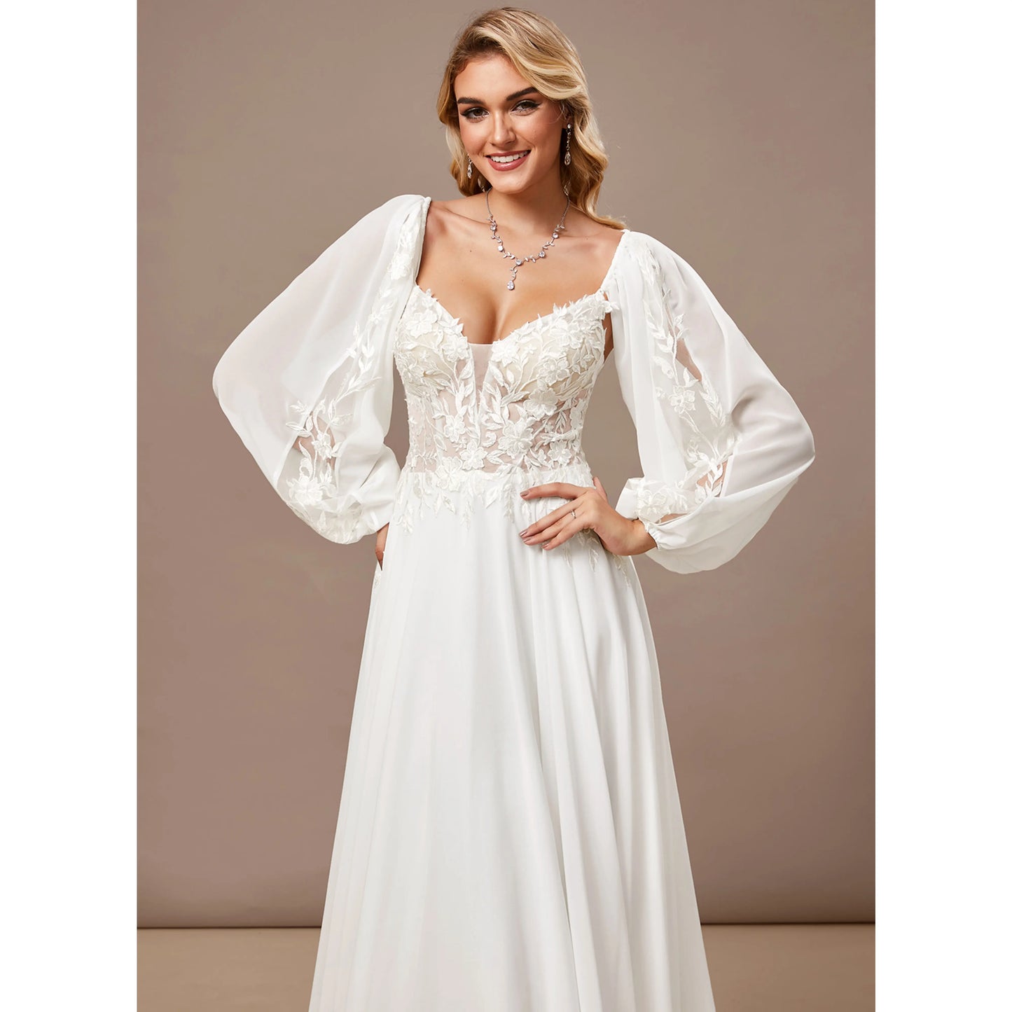 Elegant A-Line Sweetheart Long Sleeve Lace White Floor-Length Wedding Gown