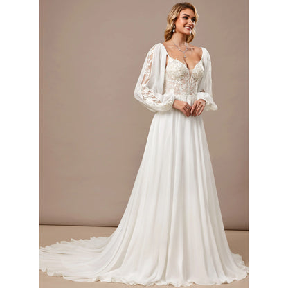 Elegant A-Line Sweetheart Long Sleeve Lace White Floor-Length Wedding Gown