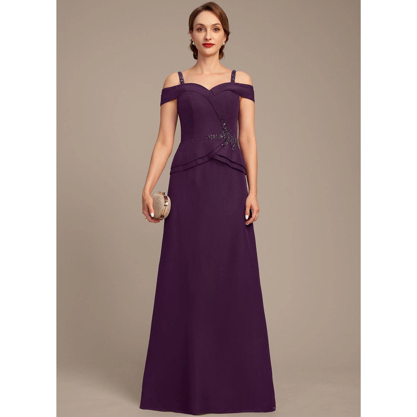 Elegant A-Line Sweetheart Off-Shoulder Beaded Embellished Plum Floor-Length Mother of the Bride Gown