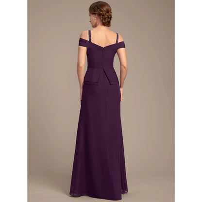 Elegant A-Line Sweetheart Off-Shoulder Beaded Embellished Plum Floor-Length Mother of the Bride Gown