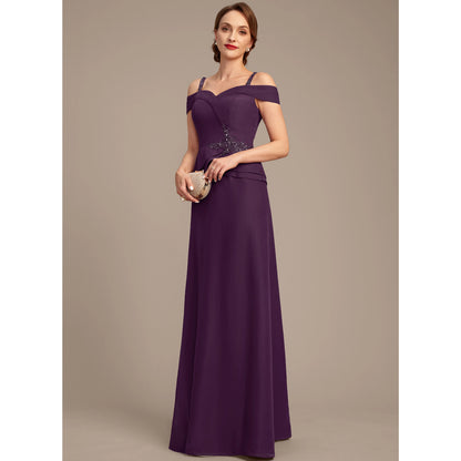 Elegant A-Line Sweetheart Off-Shoulder Beaded Embellished Plum Floor-Length Mother of the Bride Gown