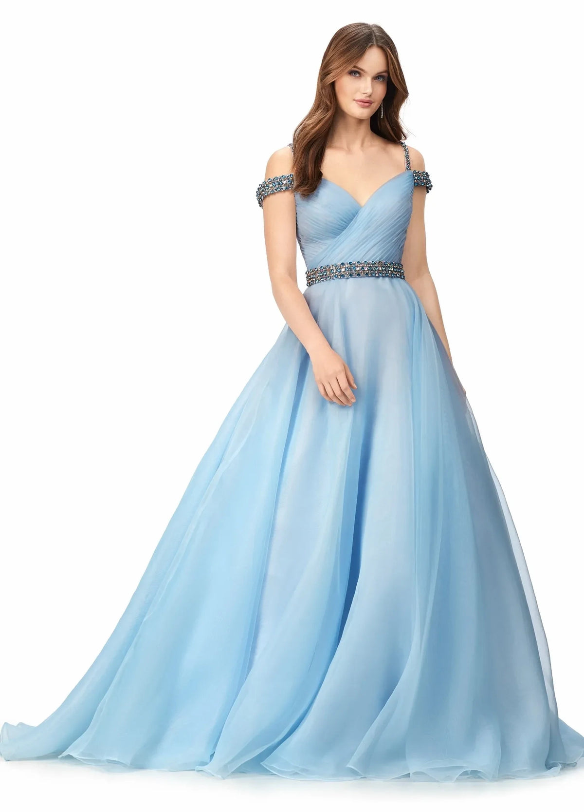 Elegant A-Line Sweetheart Off-Shoulder Beaded Sky Blue Floor-Length Evening Gown