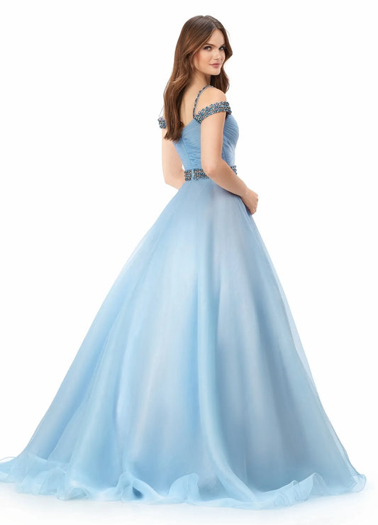Elegant A-Line Sweetheart Off-Shoulder Beaded Sky Blue Floor-Length Evening Gown