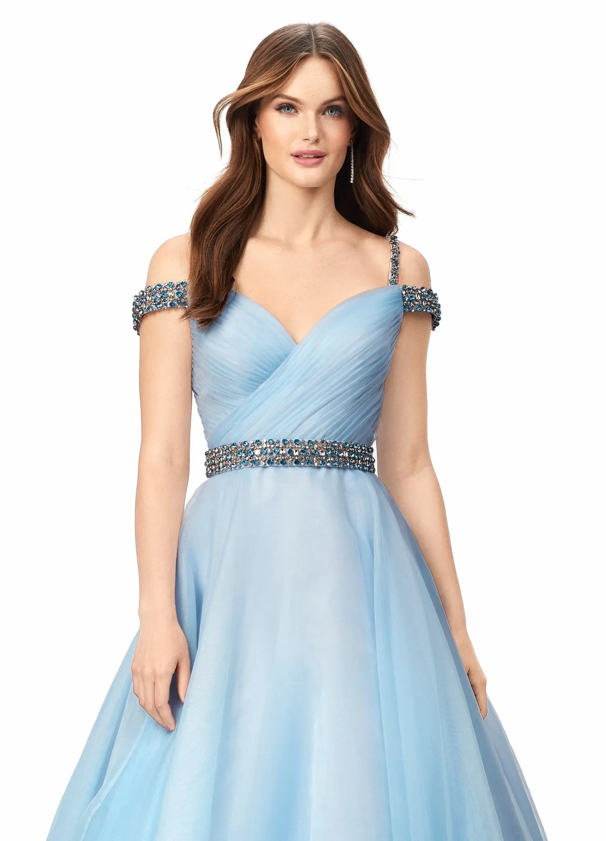 Elegant A-Line Sweetheart Off-Shoulder Beaded Sky Blue Floor-Length Evening Gown