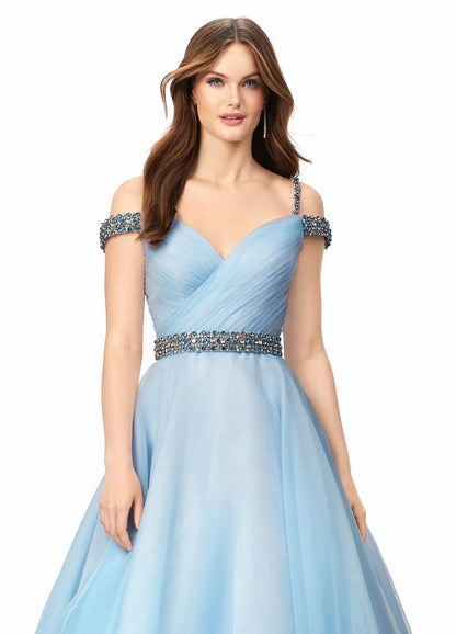 Elegant A-Line Sweetheart Off-Shoulder Beaded Sky Blue Floor-Length Evening Gown