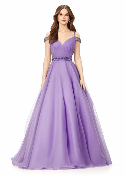 Elegant A-Line Sweetheart Off-Shoulder Beaded Sky Blue Floor-Length Evening Gown