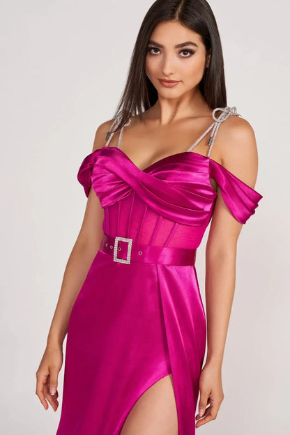 Elegant A-Line Sweetheart Off-Shoulder Bejeweled Slit Magenta Floor-Length Evening Gown