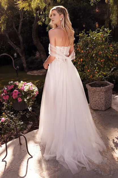 Elegant A-Line Sweetheart Off-Shoulder Corset High Slit Ivory Floor-Length Bridal Gown