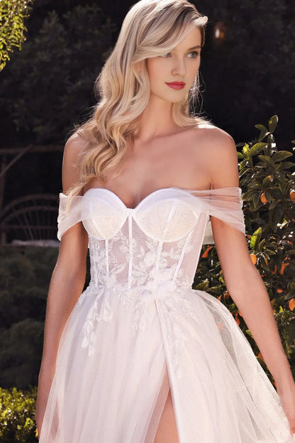 Elegant A-Line Sweetheart Off-Shoulder Corset High Slit Ivory Floor-Length Bridal Gown