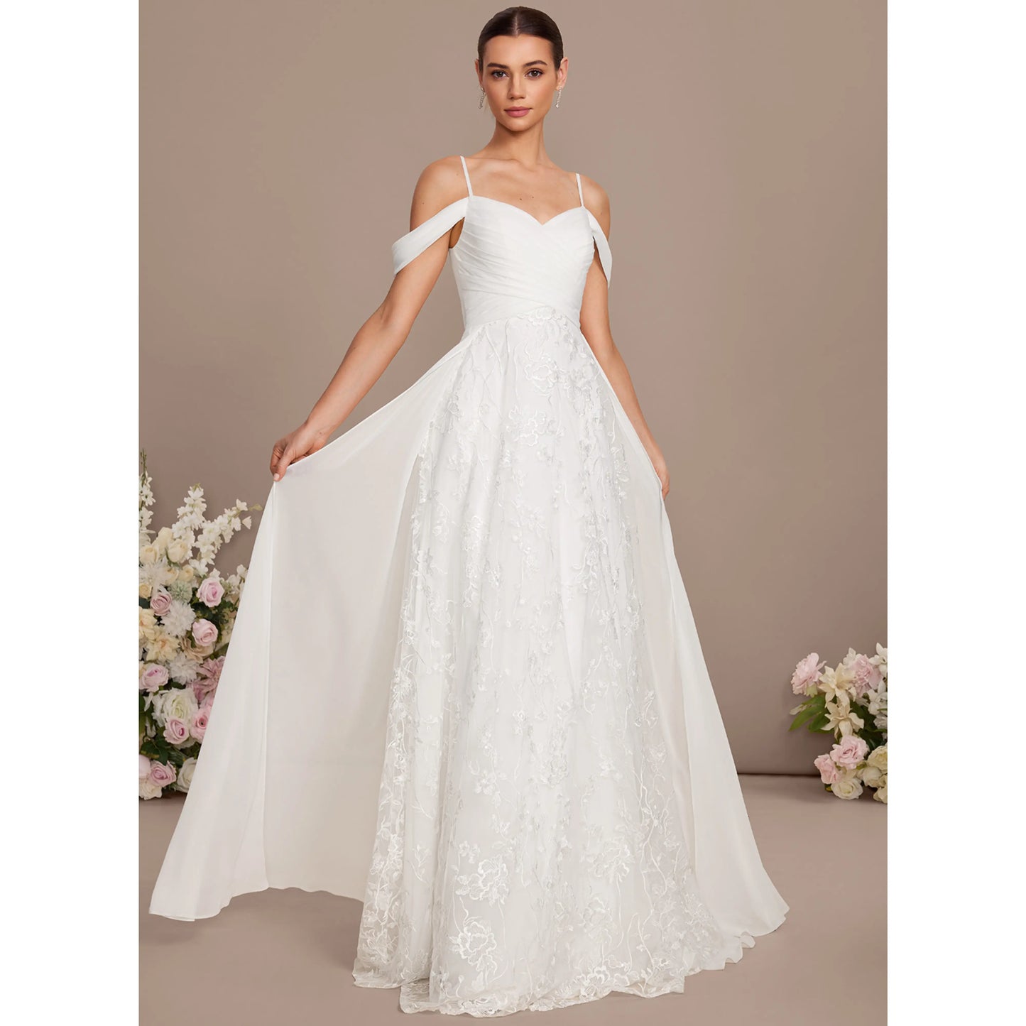 Elegant A-Line Sweetheart Off-Shoulder Embroidered Flowy White Floor-Length Wedding Gown