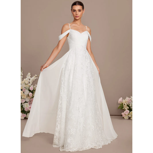 Elegant A-Line Sweetheart Off-Shoulder Embroidered Flowy White Floor-Length Wedding Gown
