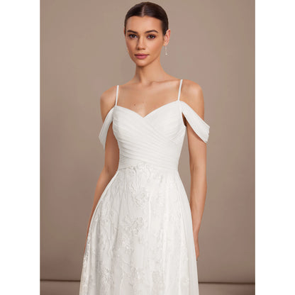 Elegant A-Line Sweetheart Off-Shoulder Embroidered Flowy White Floor-Length Wedding Gown