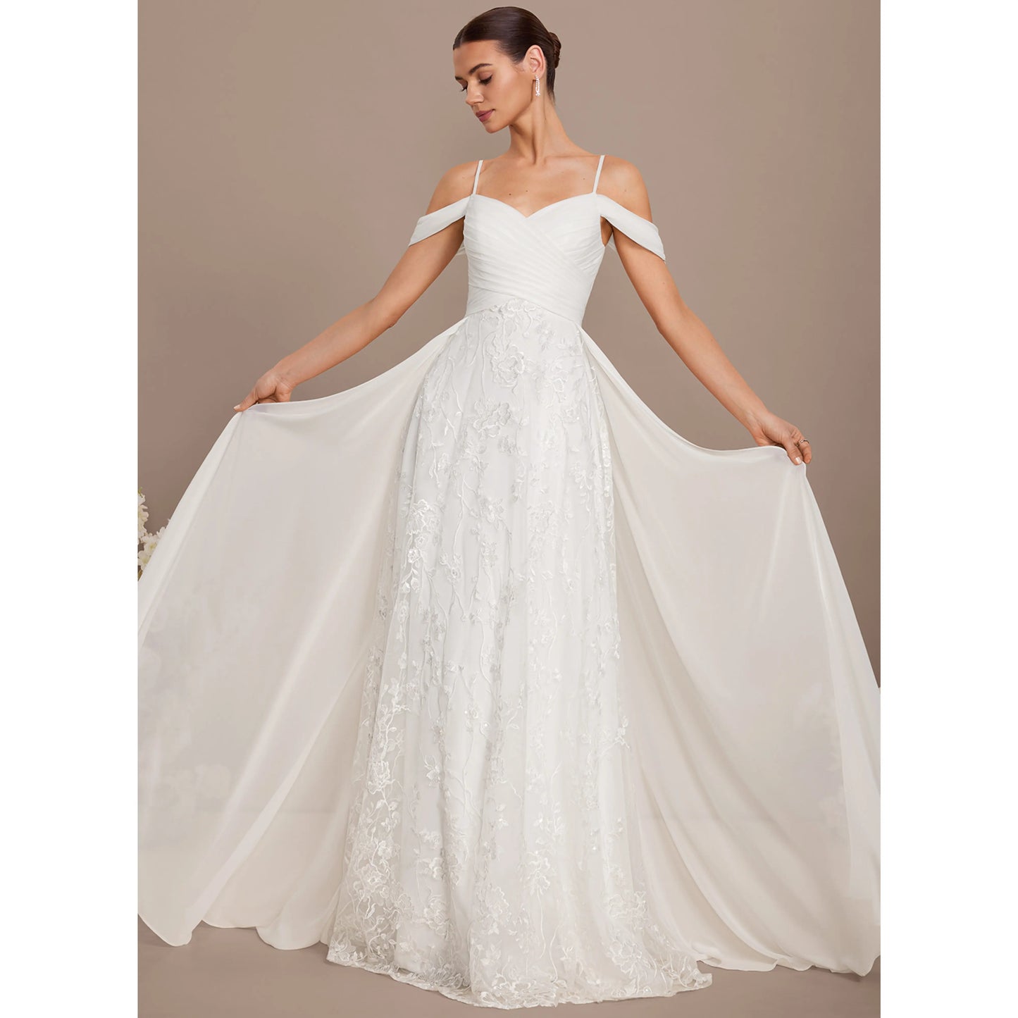 Elegant A-Line Sweetheart Off-Shoulder Embroidered Flowy White Floor-Length Wedding Gown