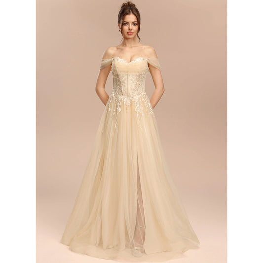 Elegant A-Line Sweetheart Off-Shoulder Lace Slit Champagne Floor-Length Prom Dress