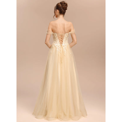 Elegant A-Line Sweetheart Off-Shoulder Lace Slit Champagne Floor-Length Prom Dress