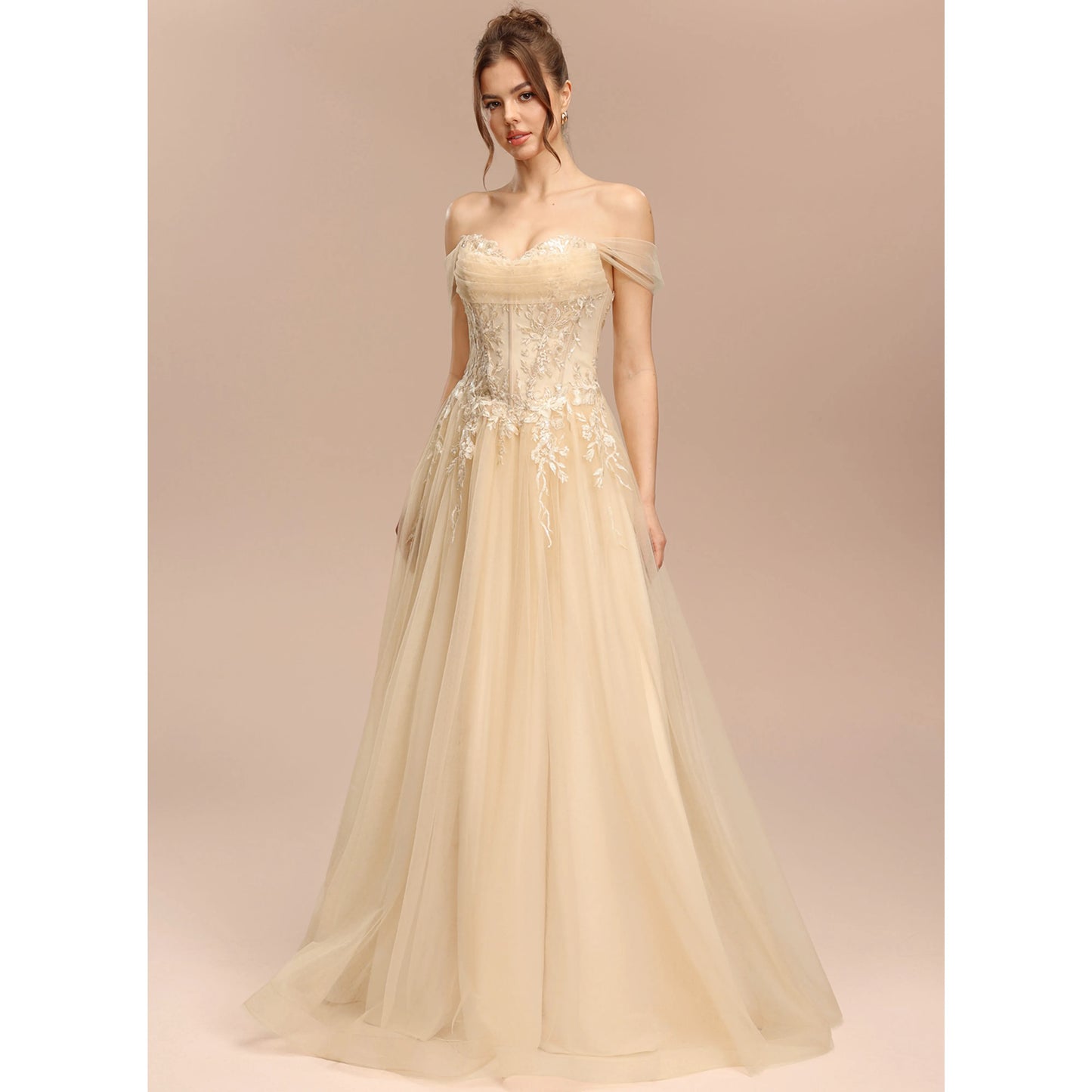 Elegant A-Line Sweetheart Off-Shoulder Lace Slit Champagne Floor-Length Prom Dress