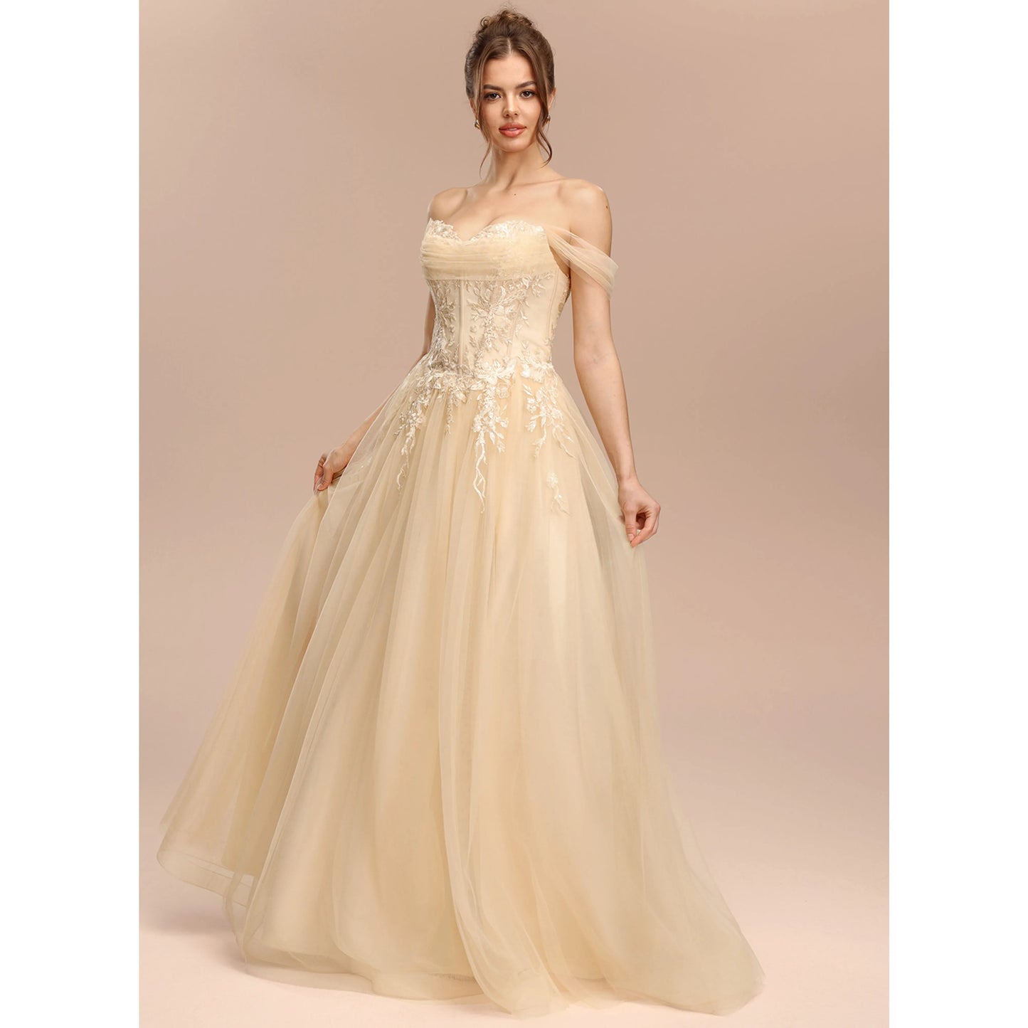 Elegant A-Line Sweetheart Off-Shoulder Lace Slit Champagne Floor-Length Prom Dress