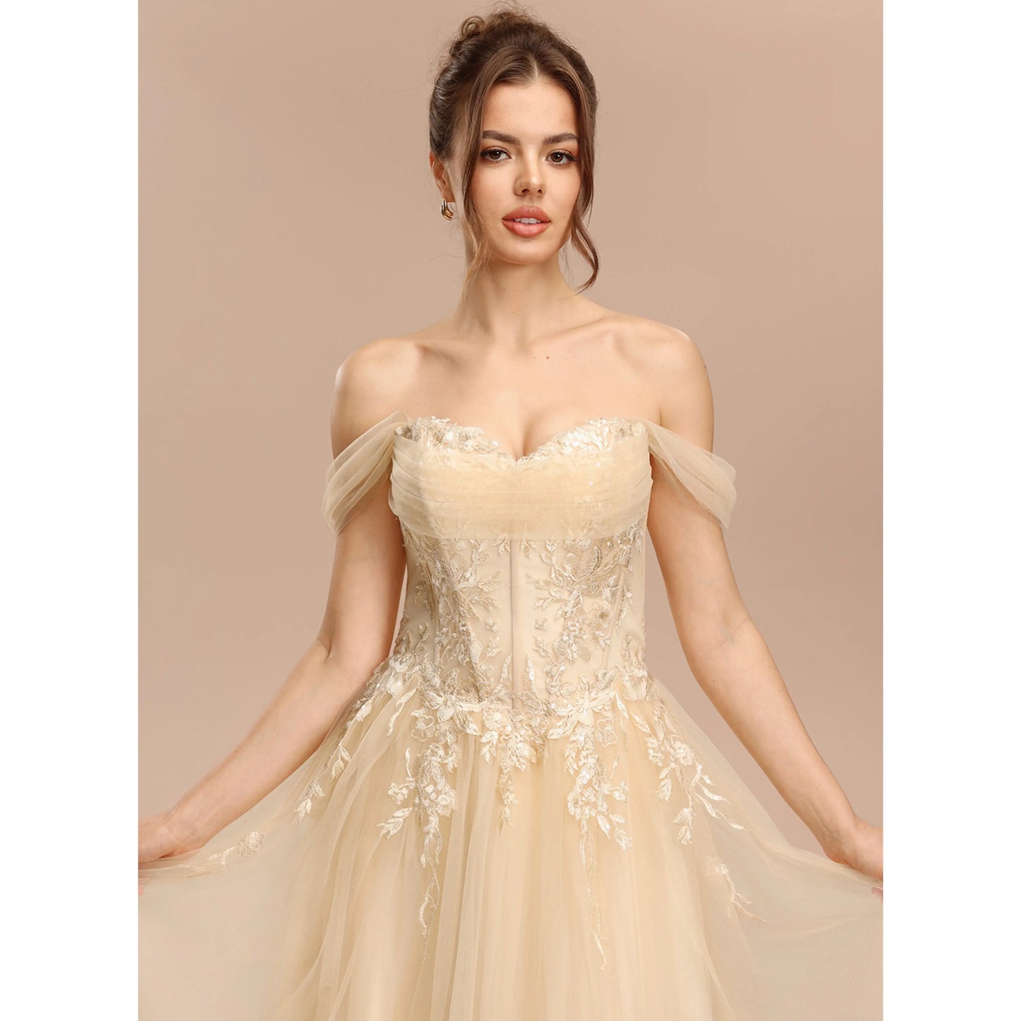 Elegant A-Line Sweetheart Off-Shoulder Lace Slit Champagne Floor-Length Prom Dress