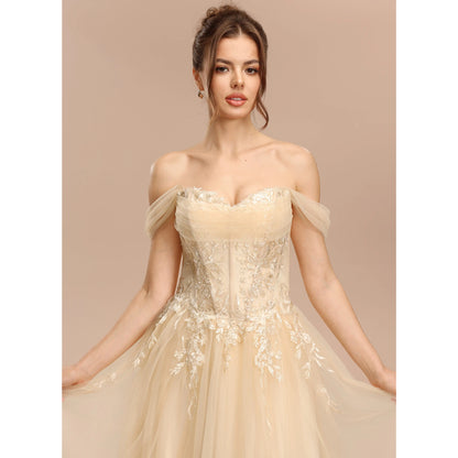 Elegant A-Line Sweetheart Off-Shoulder Lace Slit Champagne Floor-Length Prom Dress
