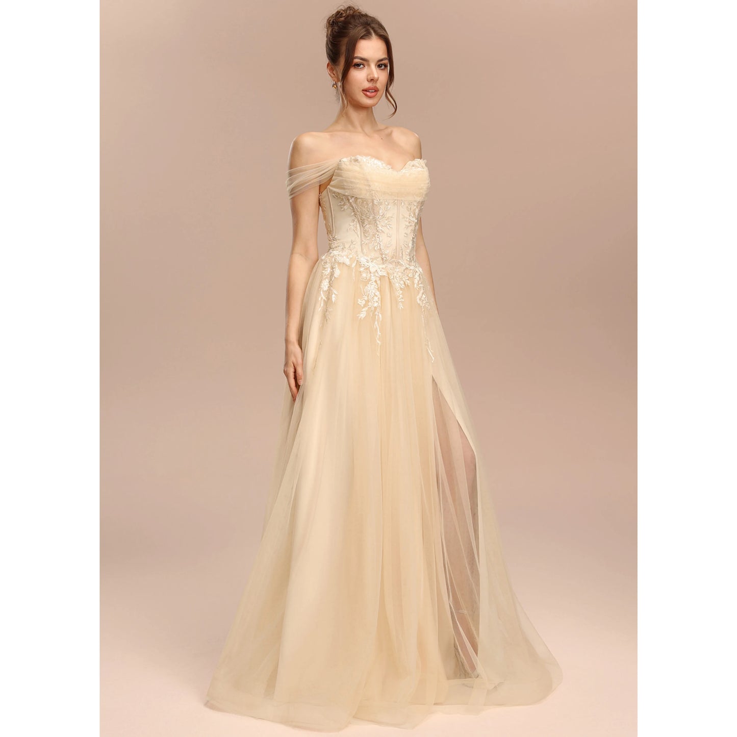 Elegant A-Line Sweetheart Off-Shoulder Lace Slit Champagne Floor-Length Prom Dress